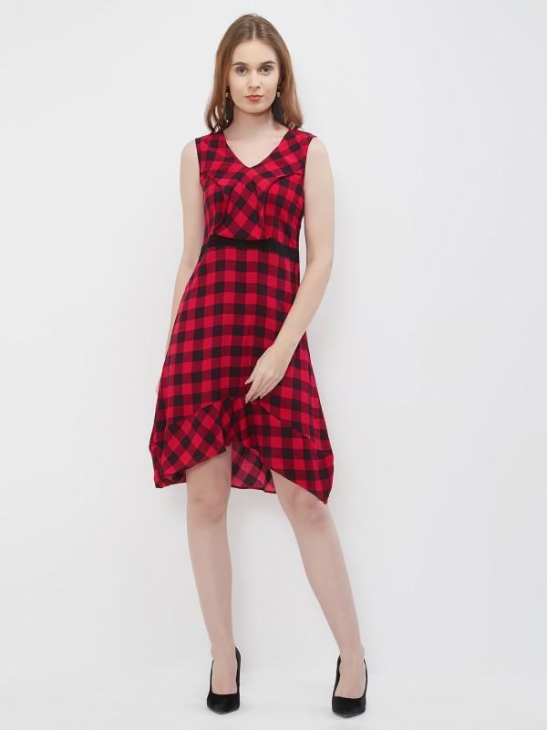 Red Black Plaid Checks Up Down V Neck Sleeveless One Piece Dress