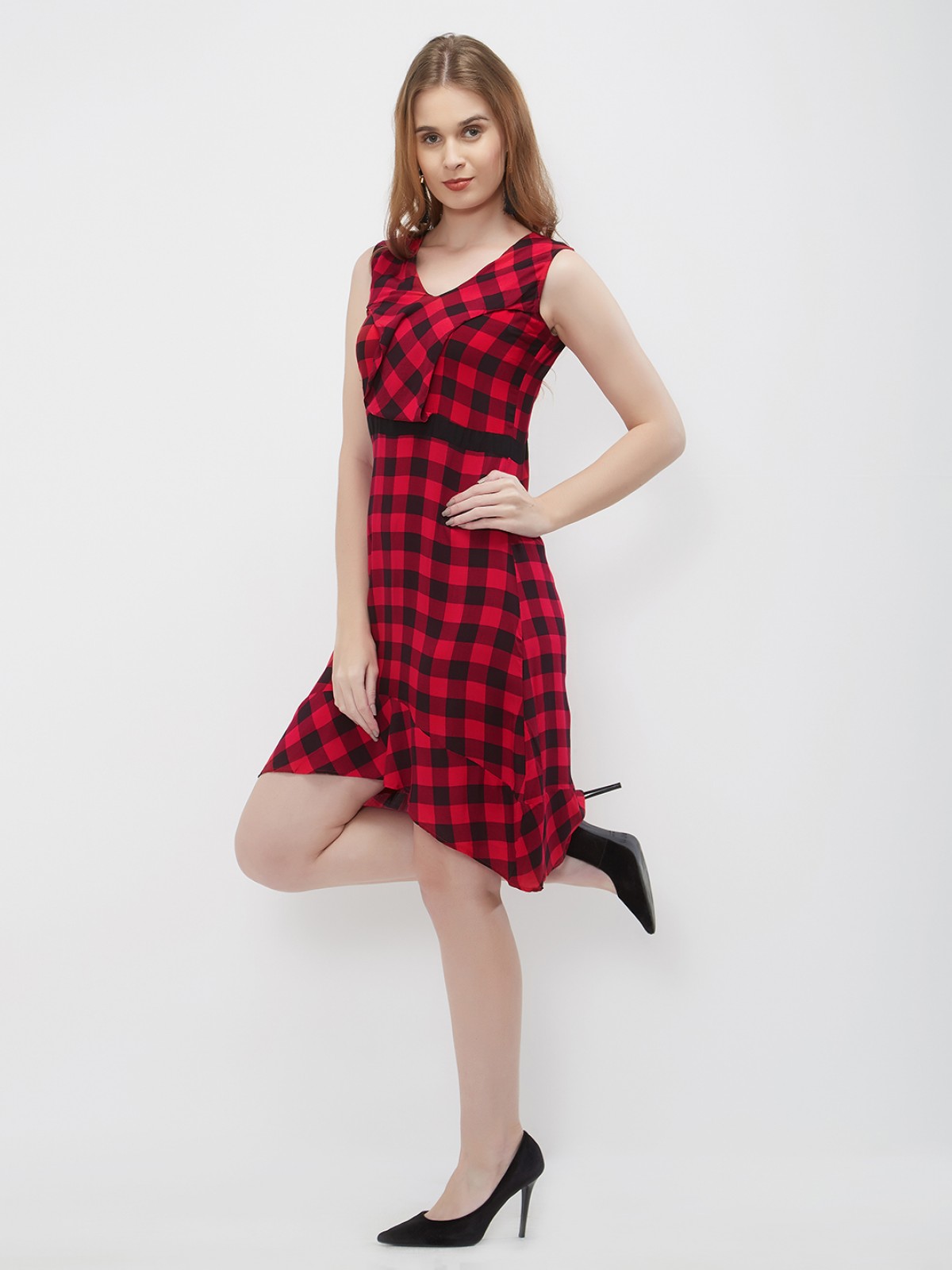 Red Black Plaid Checks Up Down V Neck Sleeveless One Piece Dress