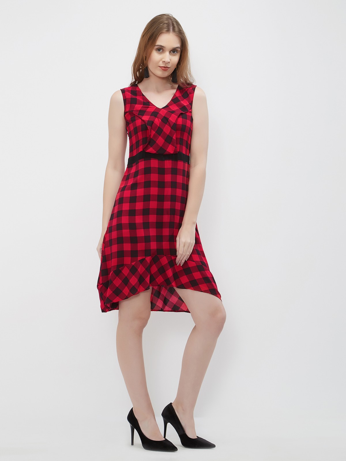 Red Black Plaid Checks Up Down V Neck Sleeveless One Piece Dress