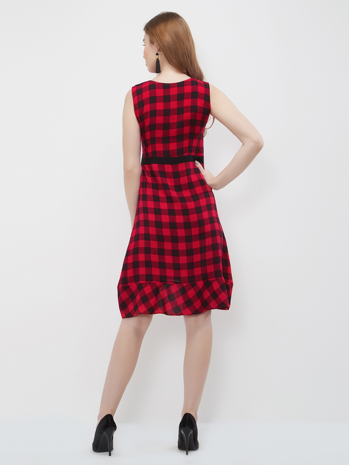 Red Black Plaid Checks Up Down V Neck Sleeveless One Piece Dress