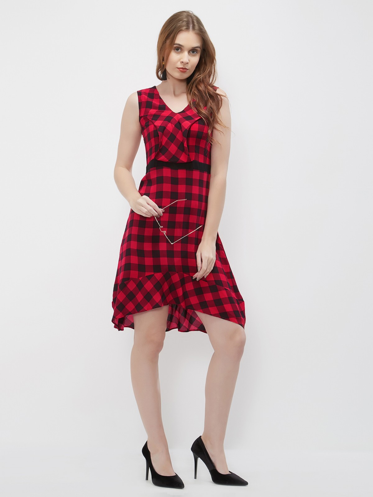 Red Black Plaid Checks Up Down V Neck Sleeveless One Piece Dress