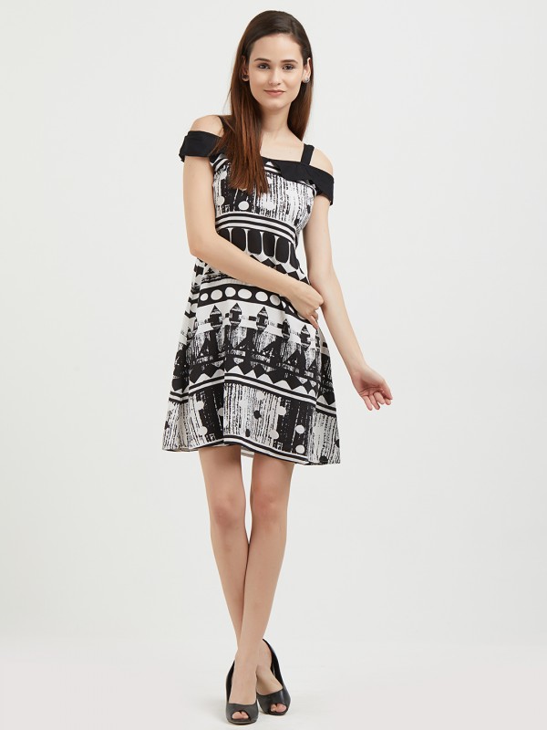 Back & White Abstract Print Cold Shoulder Strap A Line Midi Dress