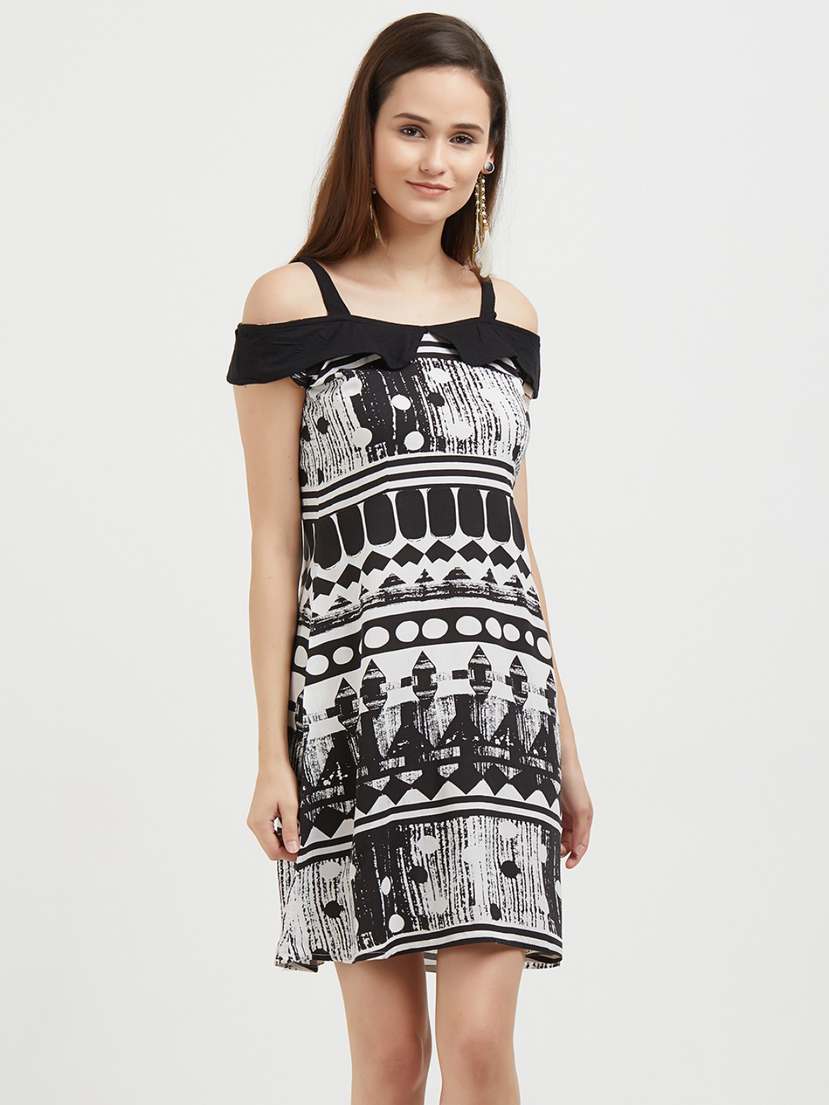 Back & White Abstract Print Cold Shoulder Strap A Line Midi Dress