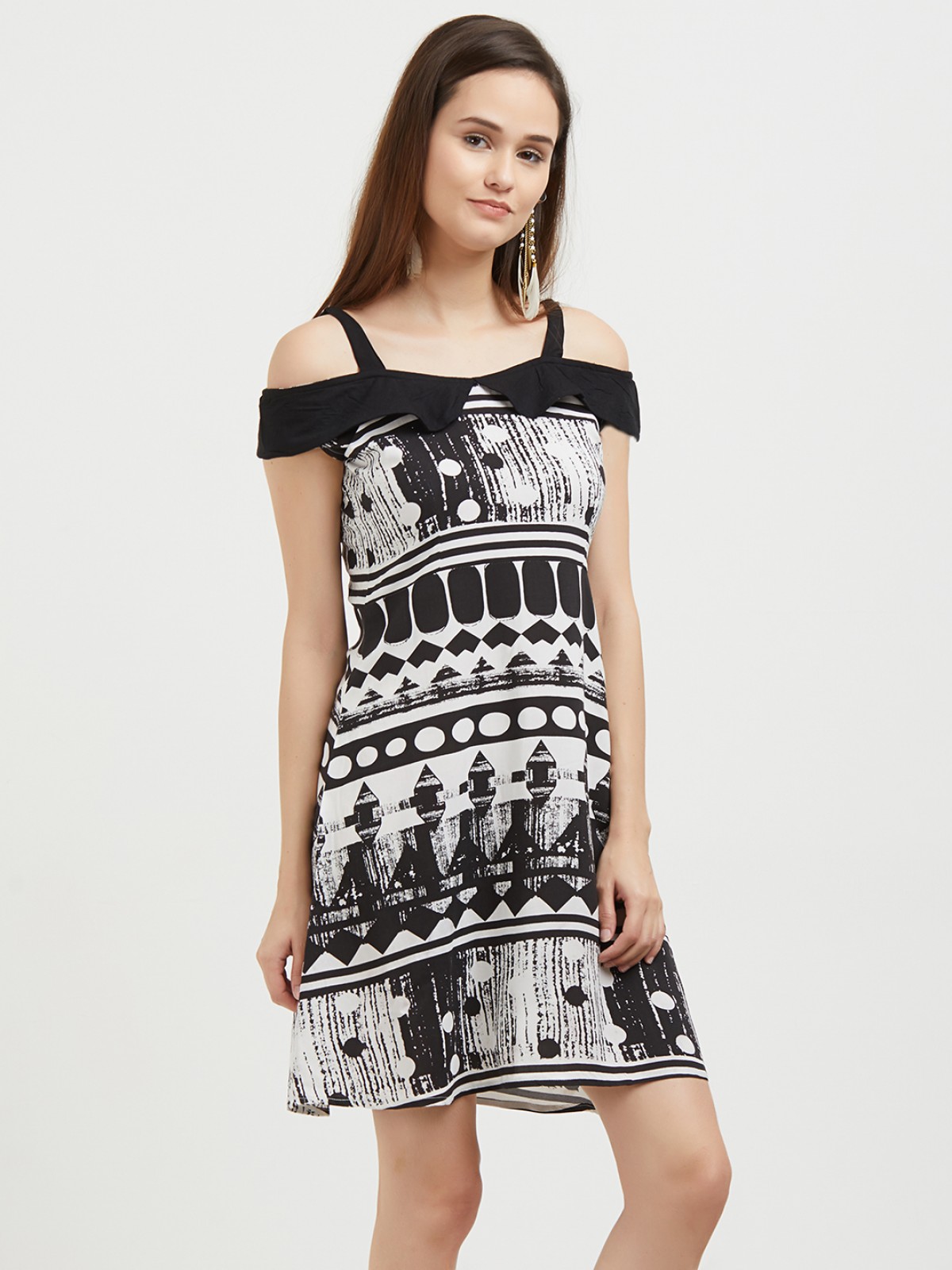 Back & White Abstract Print Cold Shoulder Strap A Line Midi Dress