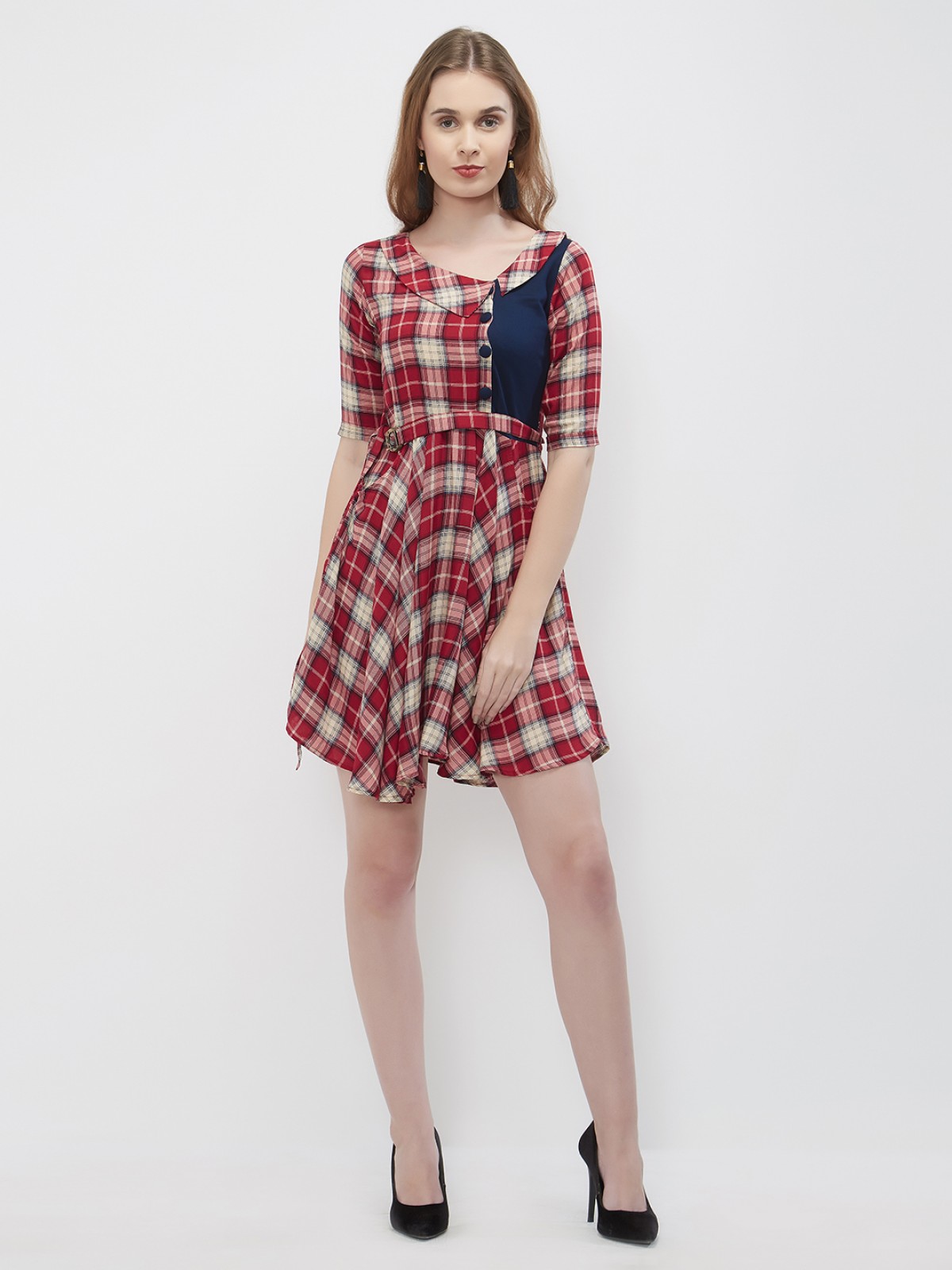 Tartan Plaid Belted Flared  Blue Flap A Line Midi Dress