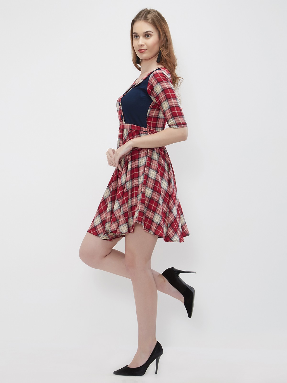 Tartan Plaid Belted Flared  Blue Flap A Line Midi Dress