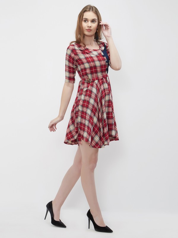 Tartan Plaid Belted Flared  Blue Flap A Line Midi Dress