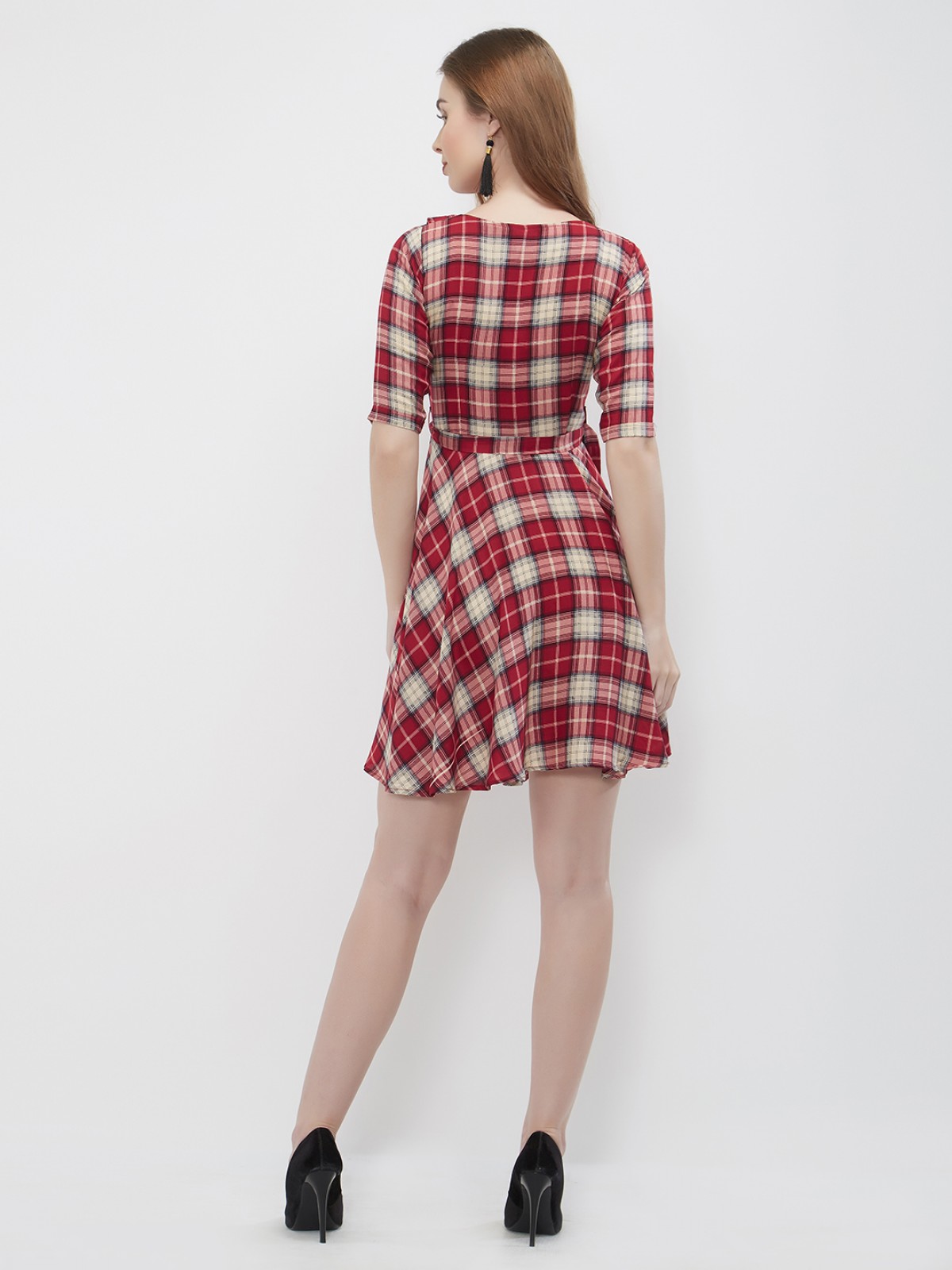 Tartan Plaid Belted Flared  Blue Flap A Line Midi Dress