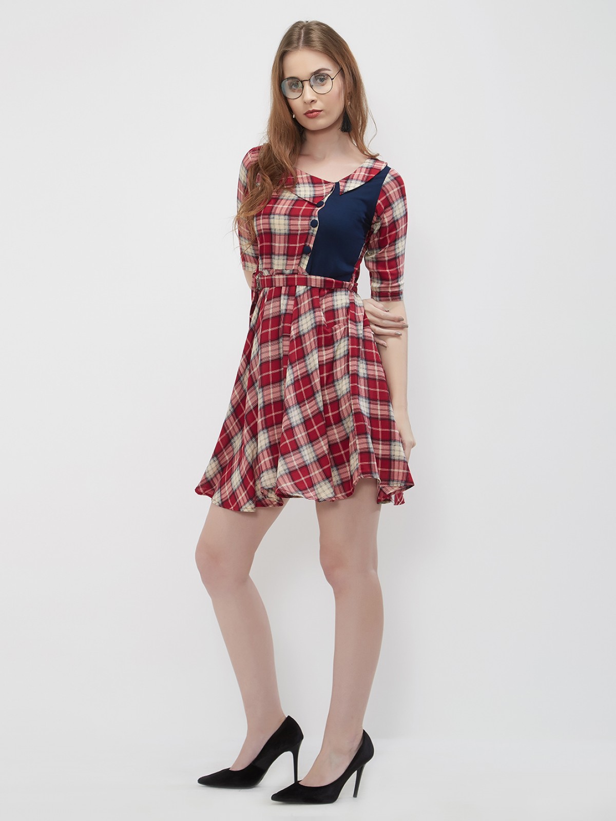 Tartan Plaid Belted Flared  Blue Flap A Line Midi Dress