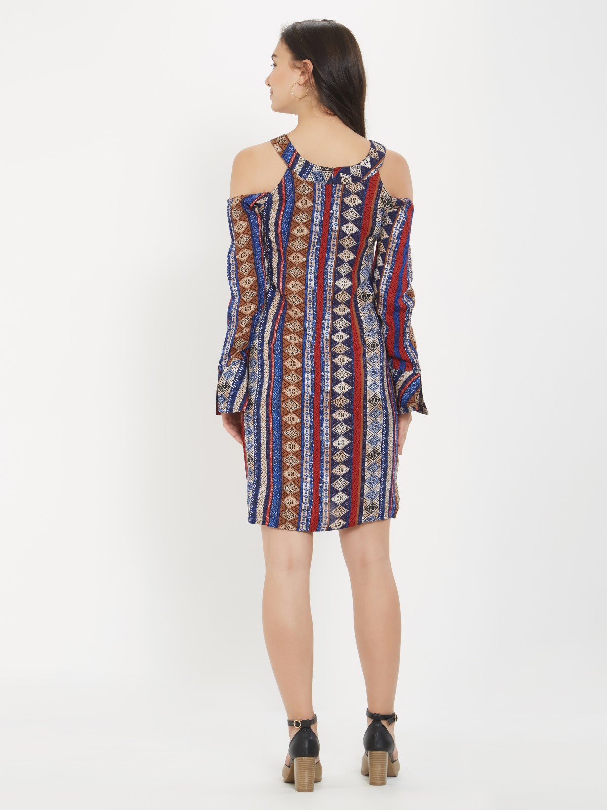 Bohemian Print Cold Shoulder Bell Sleeve Boat Neck Dress