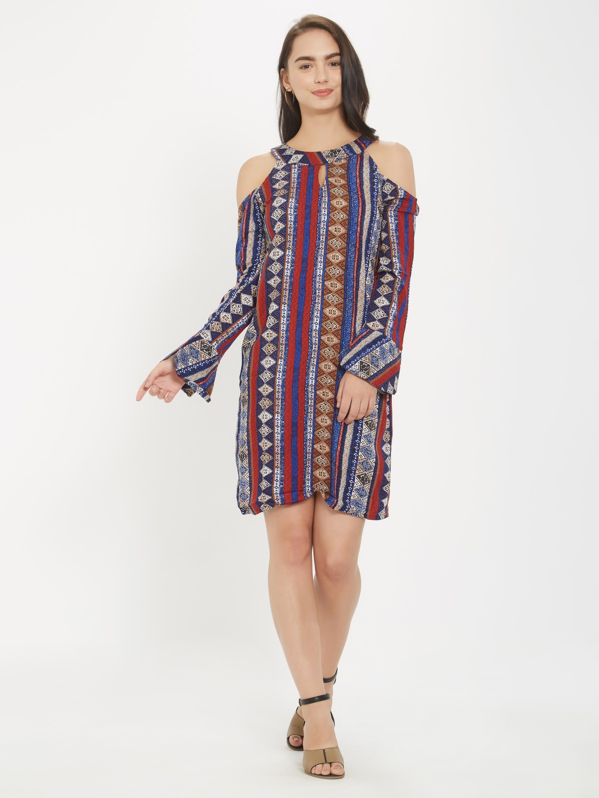 Bohemian Print Cold Shoulder Bell Sleeve Boat Neck Dress