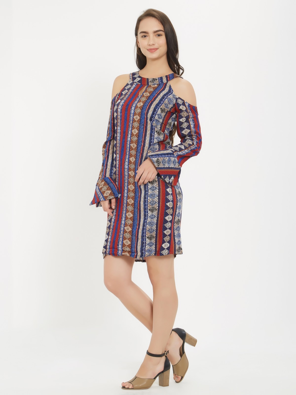 Bohemian Print Cold Shoulder Bell Sleeve Boat Neck Dress