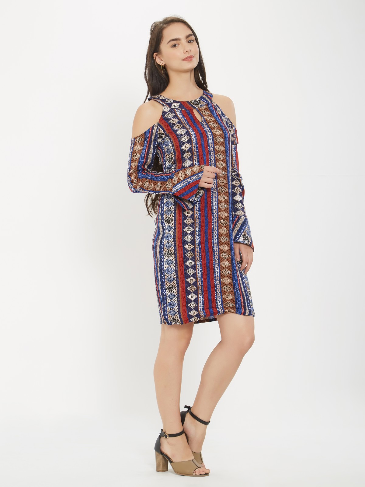 Bohemian Print Cold Shoulder Bell Sleeve Boat Neck Dress