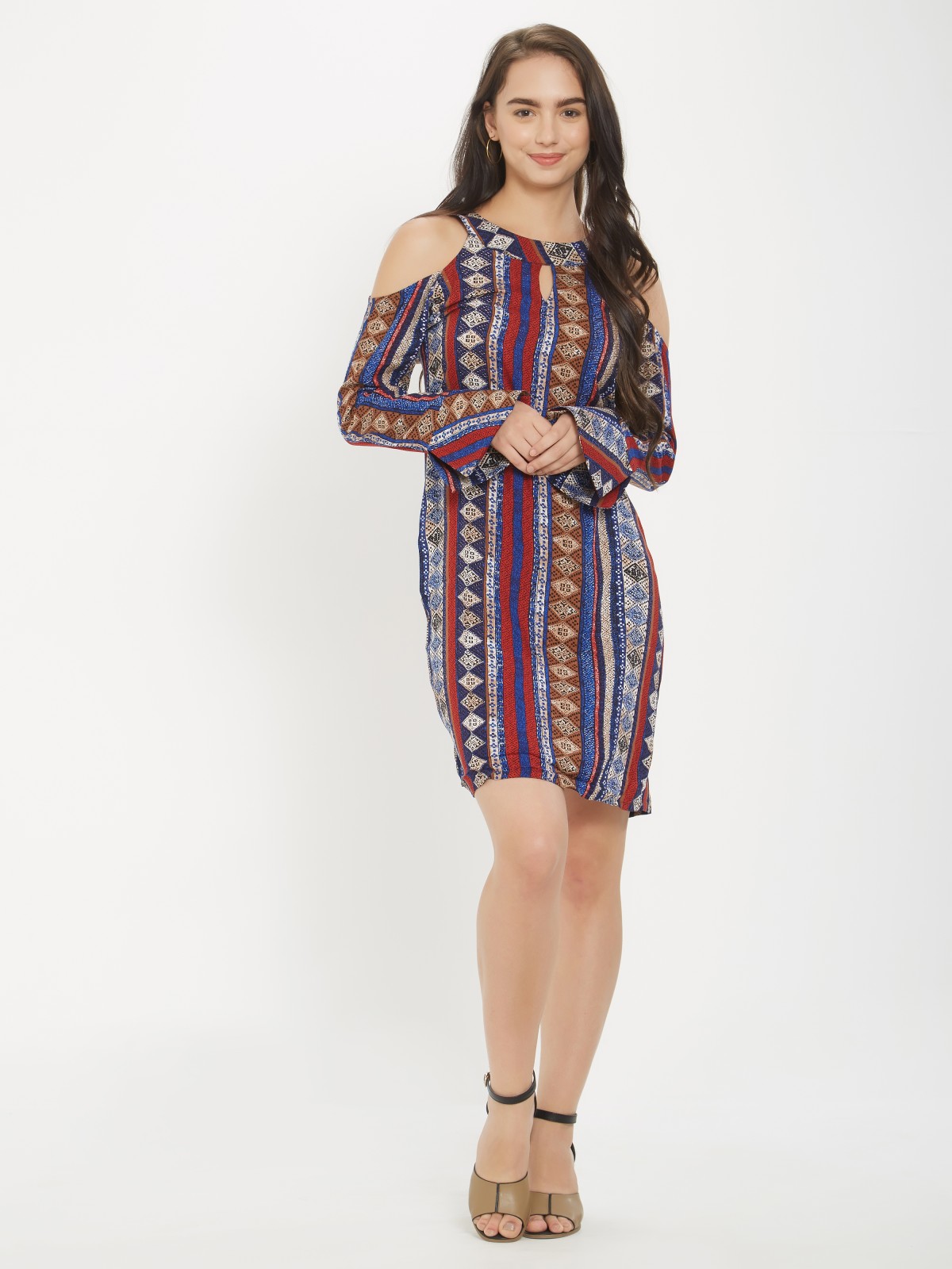 Bohemian Print Cold Shoulder Bell Sleeve Boat Neck Dress