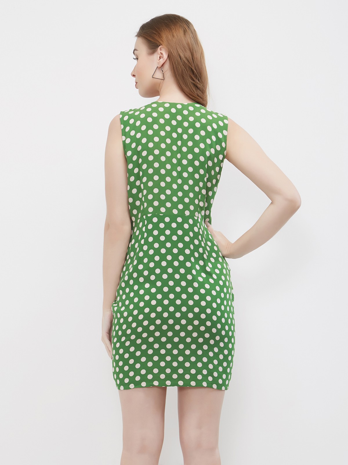 One Collar Green Coindot Pattern Pleated Mini Dress