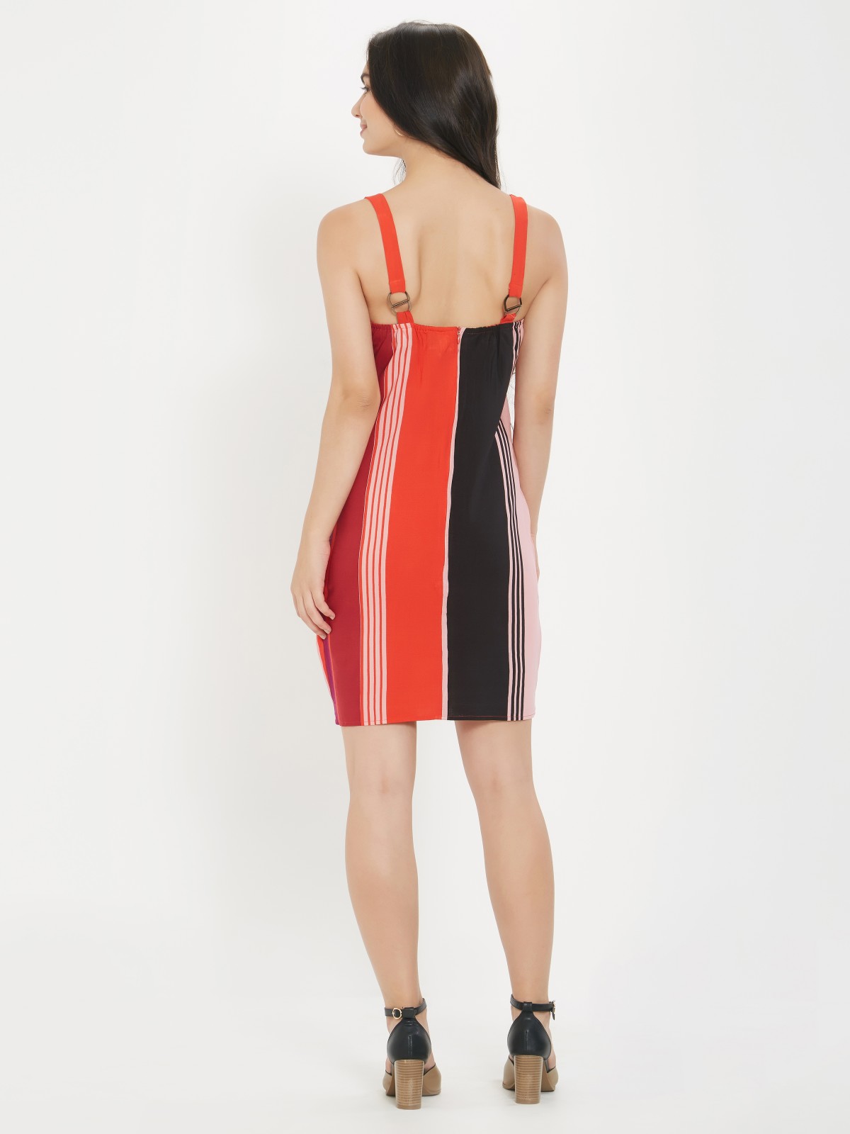 Red & Black Strappy Striped Open Back Mini Dress