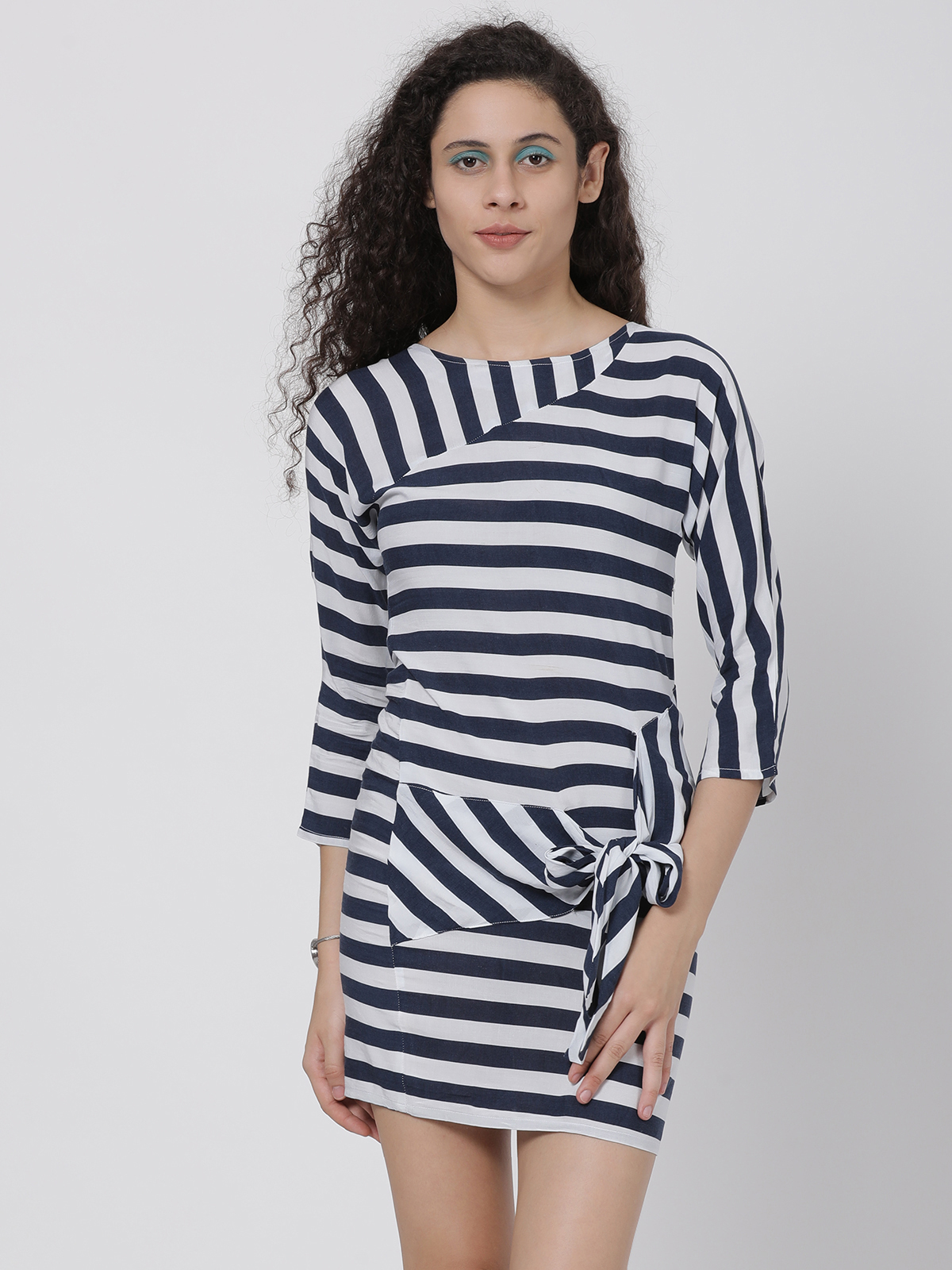 Blue White Strappy Striped Tie Knot Mini Dress