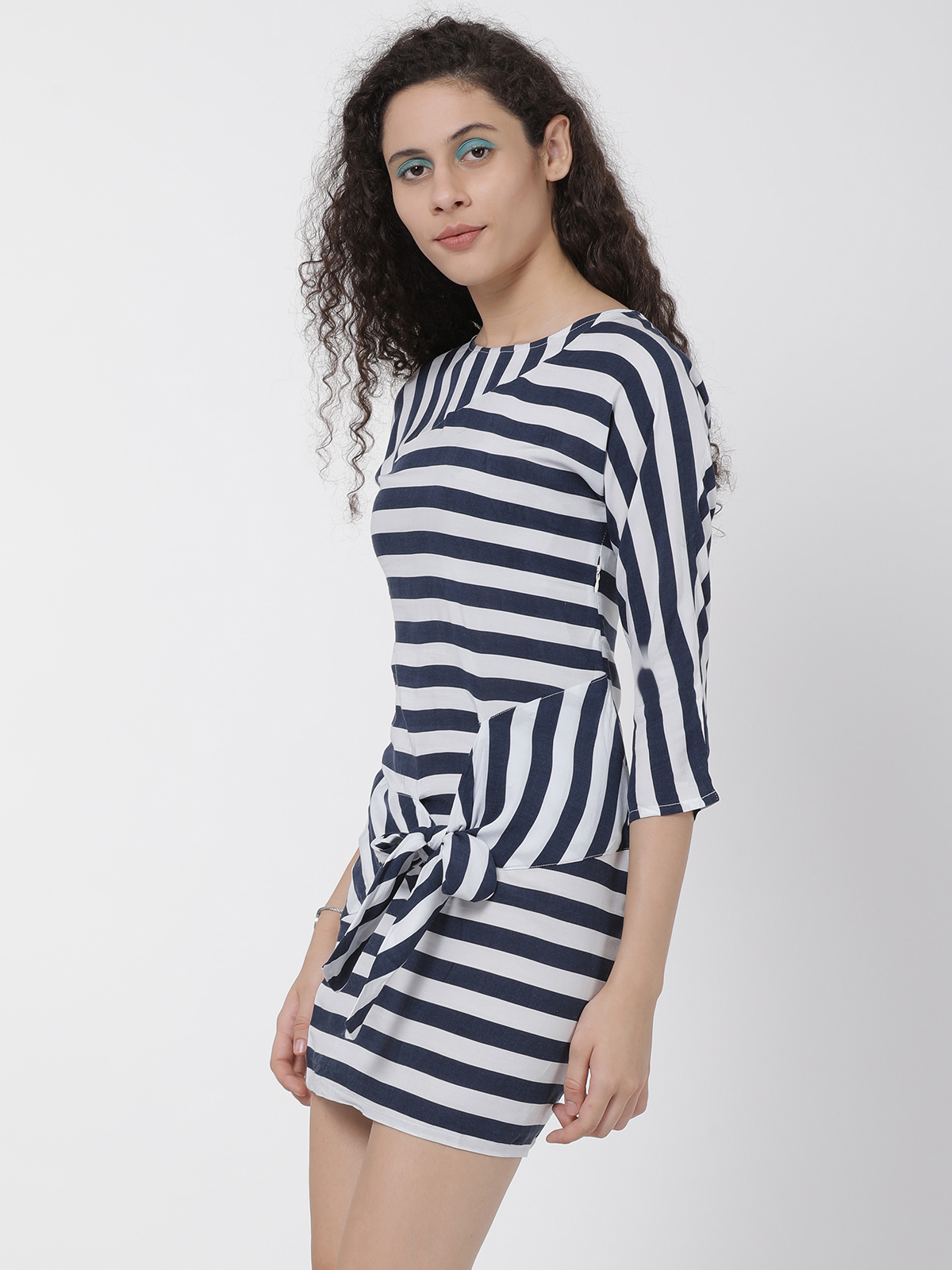 Blue White Strappy Striped Tie Knot Mini Dress