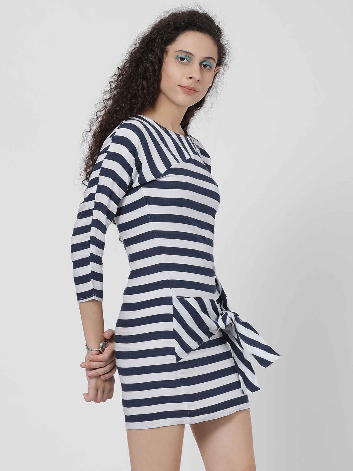 Blue White Strappy Striped Tie Knot Mini Dress