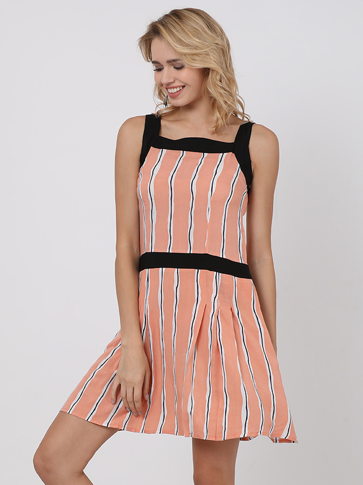 Peach Strappy Striped A Line Mini Dress