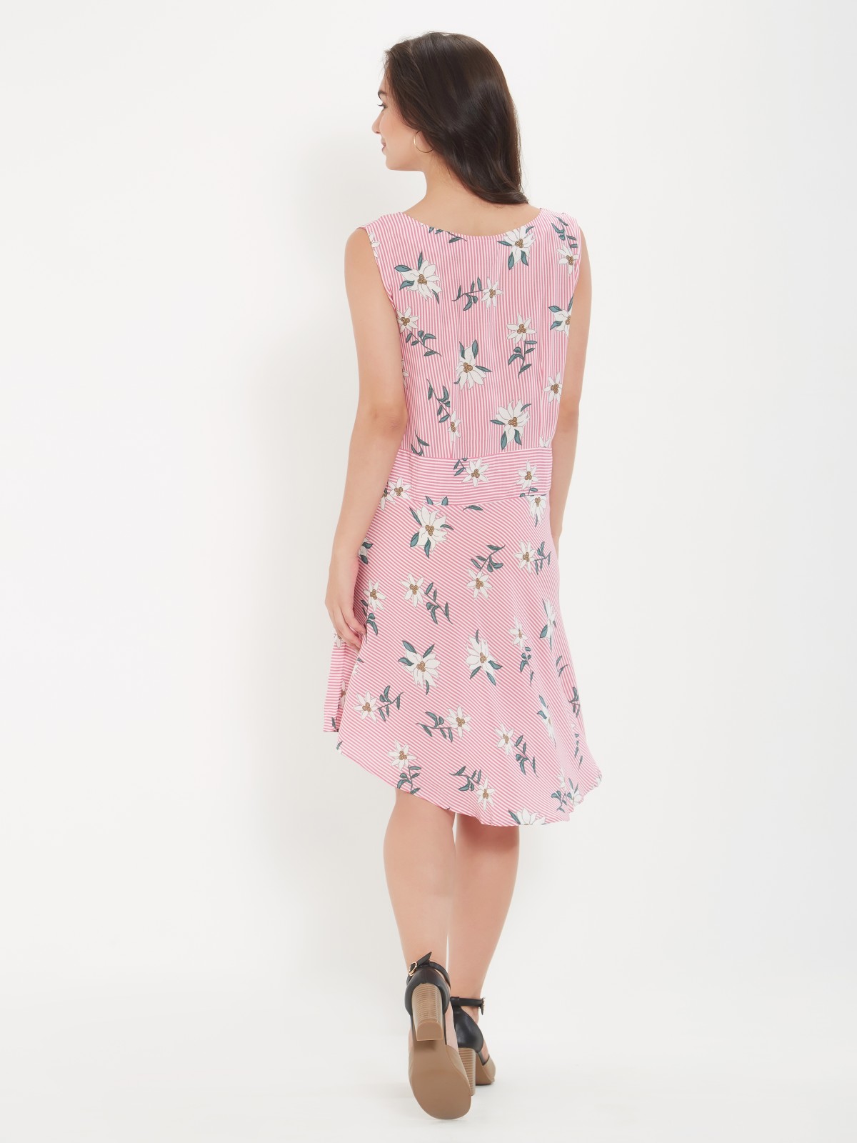 Striped Floral Printed Boat Neck Polkadots A Line Dress