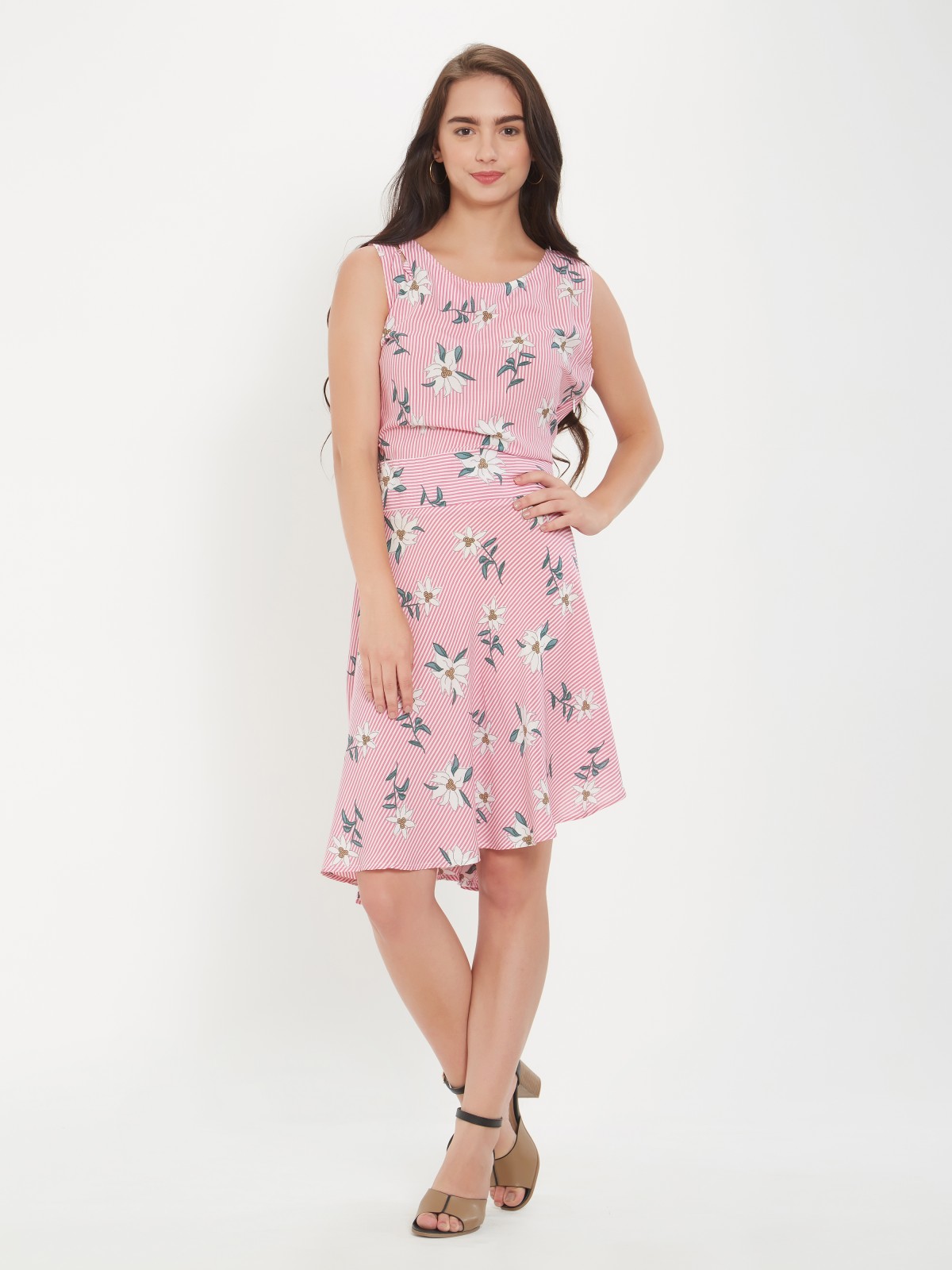 Striped Floral Printed Boat Neck Polkadots A Line Dress