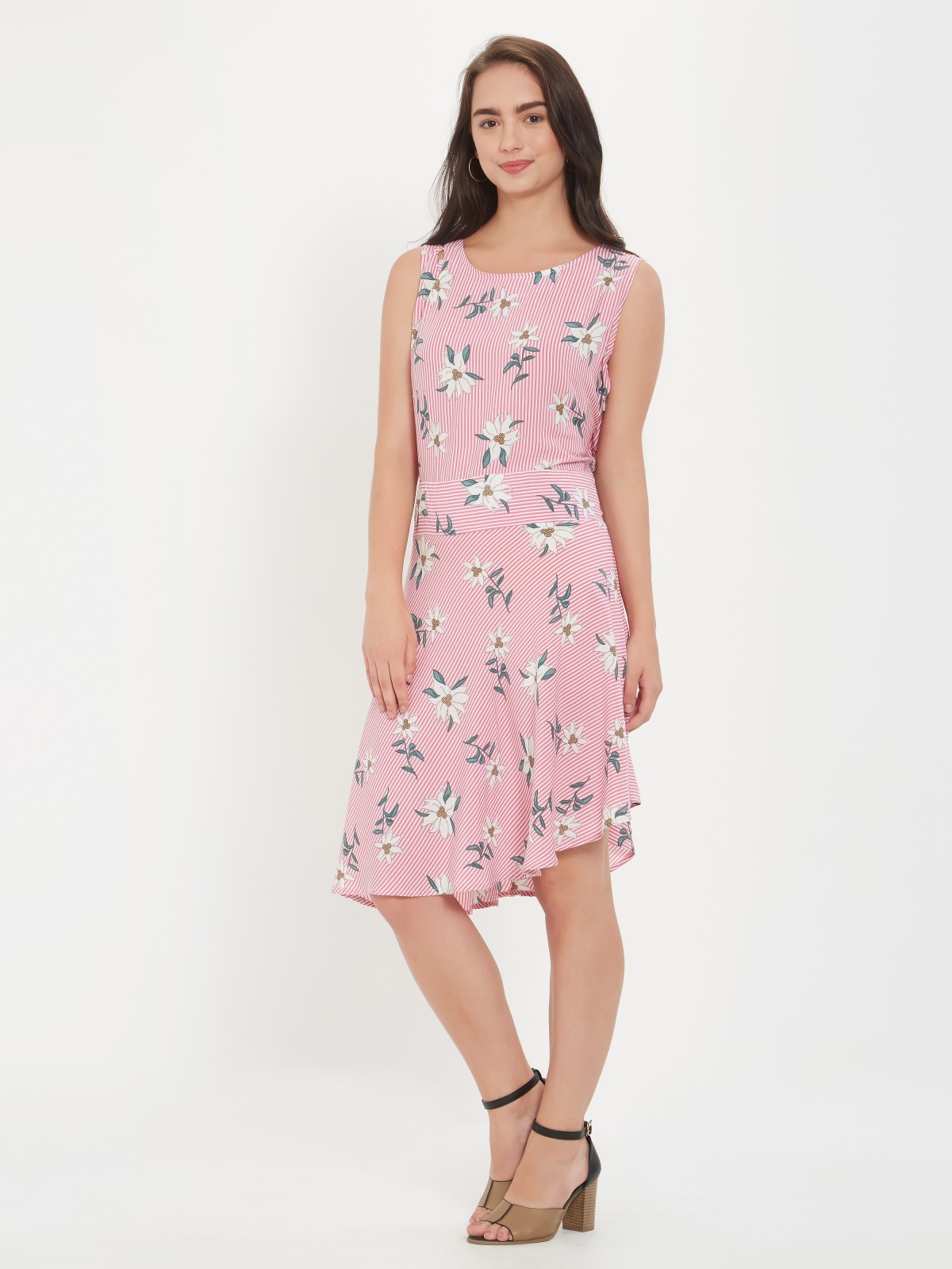 Striped Floral Printed Boat Neck Polkadots A Line Dress