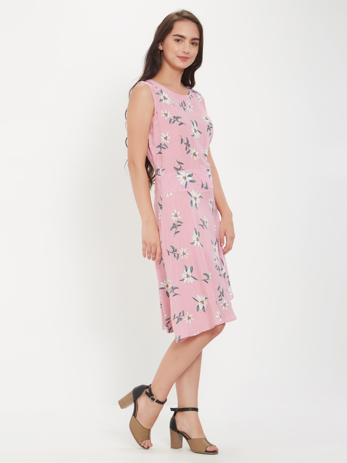 Striped Floral Printed Boat Neck Polkadots A Line Dress