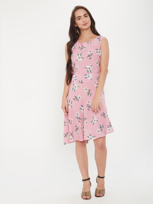 Striped Floral Printed Boat Neck Polkadots A Line Dress