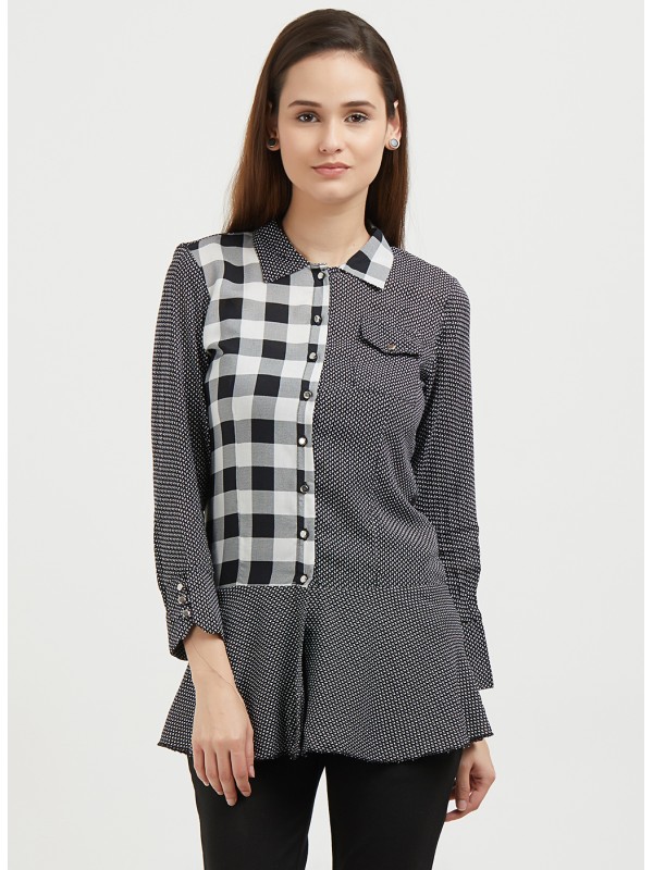 Uneven Black Printed With Side Checks Panel Shirt