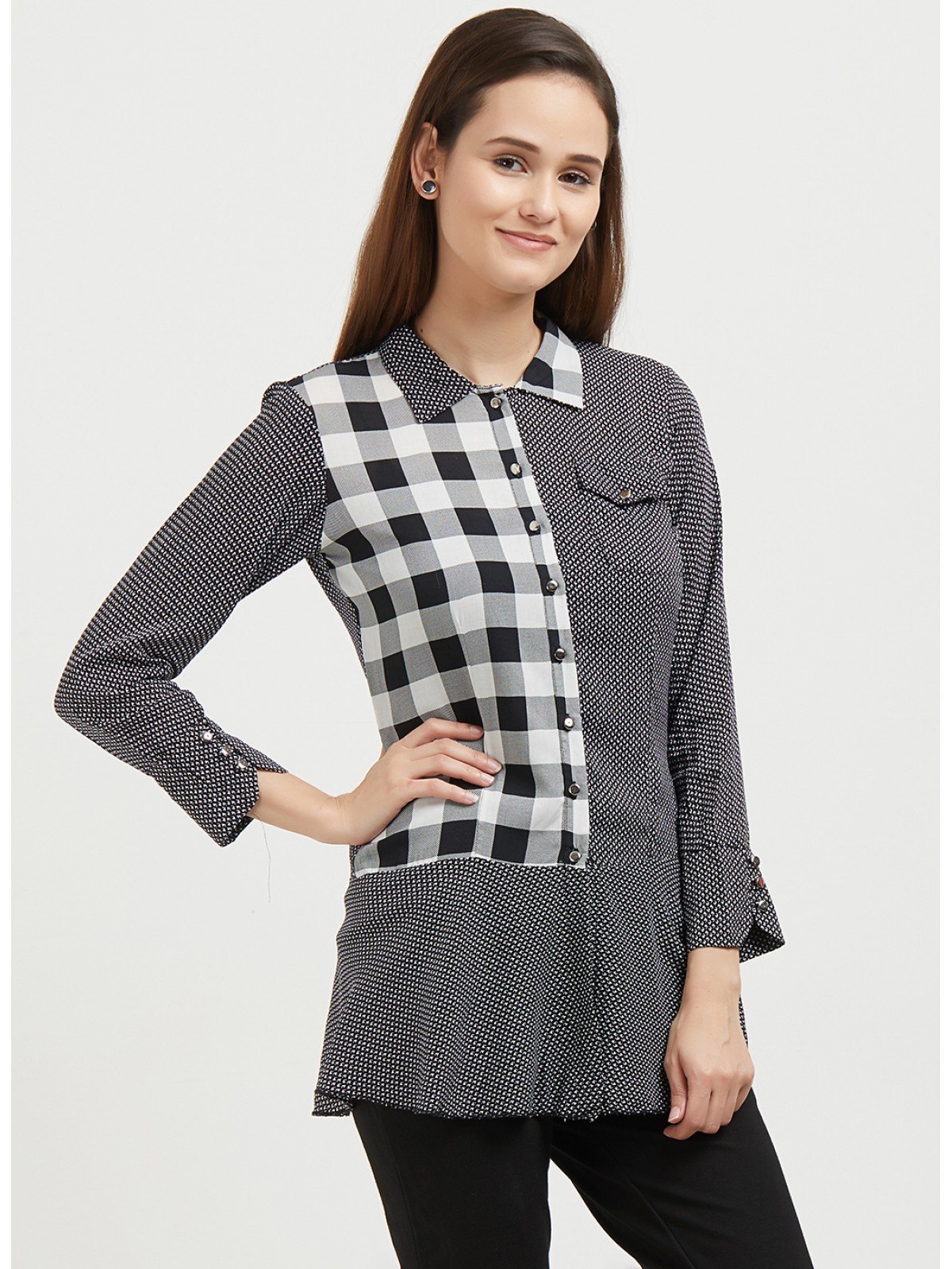 Uneven Black Printed With Side Checks Panel Shirt