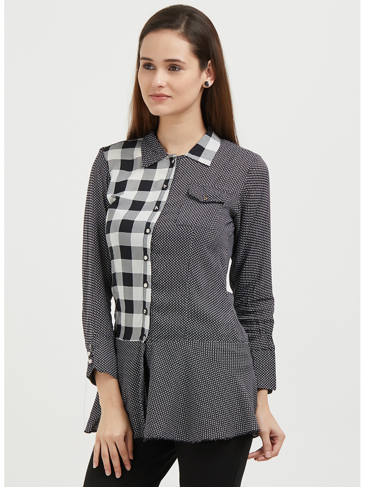 Uneven Black Printed With Side Checks Panel Shirt