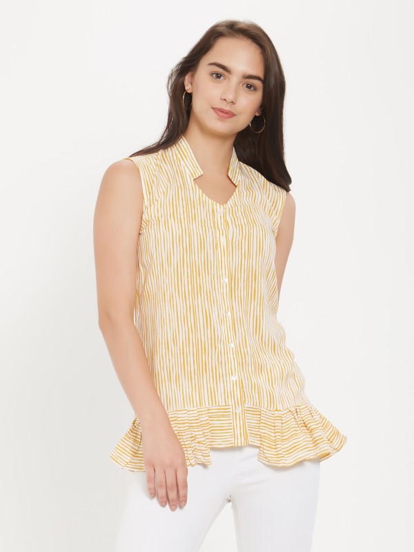 Juicy Lemonade Color Diamond Stand Collar Sleeveless Peplum Shirt