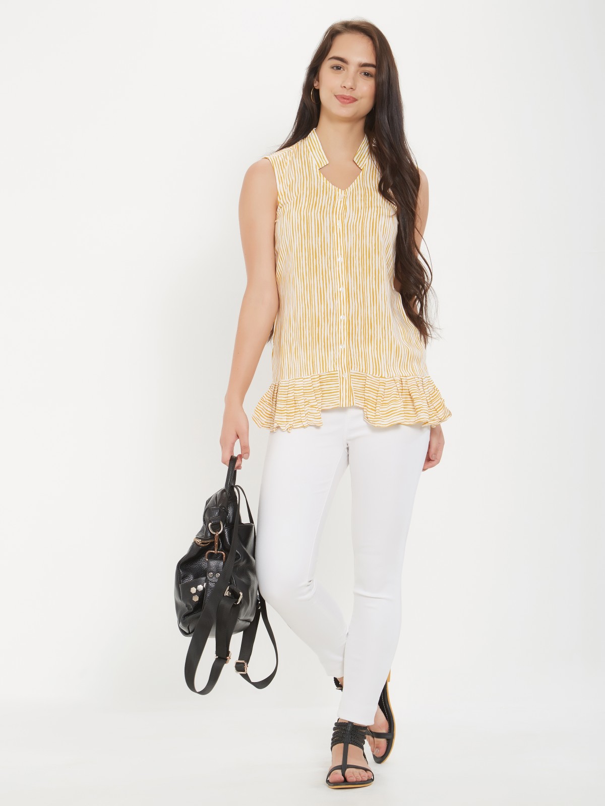 Juicy Lemonade Color Diamond Stand Collar Sleeveless Peplum Shirt