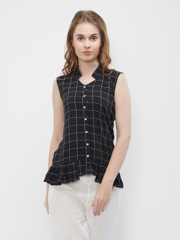 Sassy Black Checks Diamond Stand Collar Sleeveless Peplum Shirt