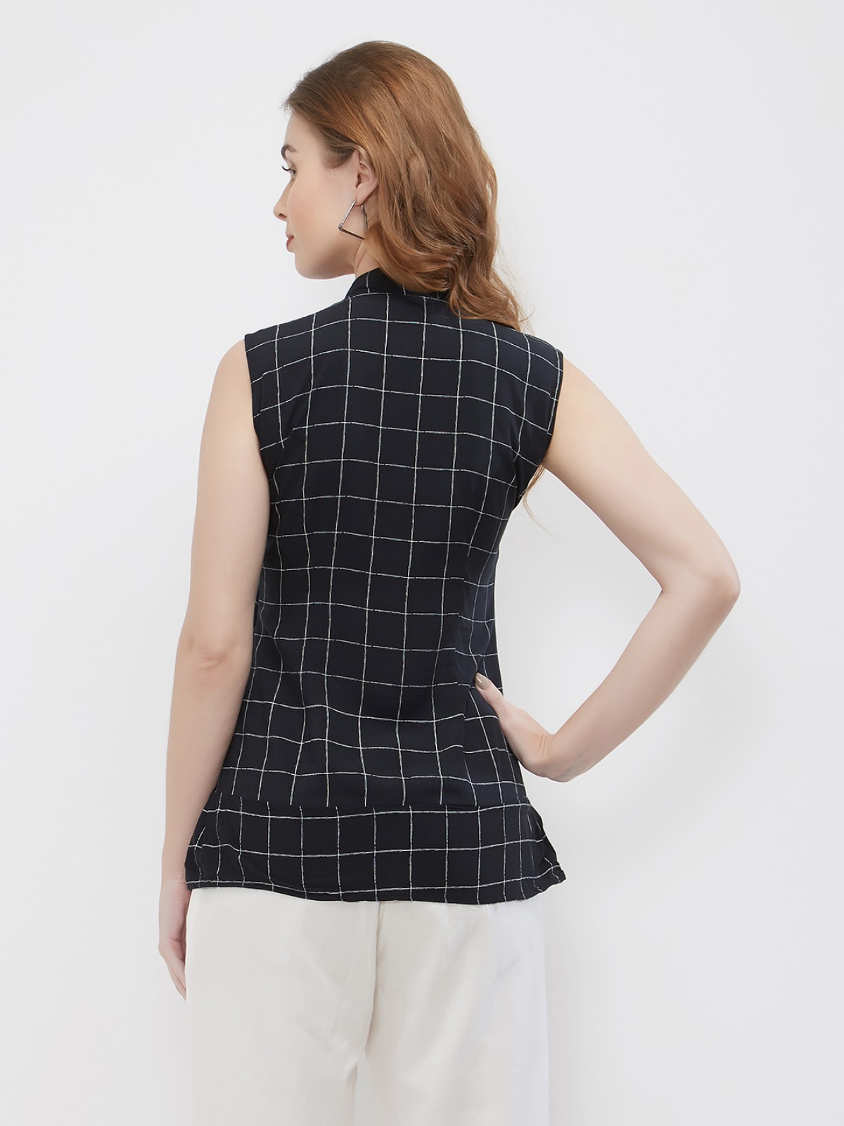 Sassy Black Checks Diamond Stand Collar Sleeveless Peplum Shirt