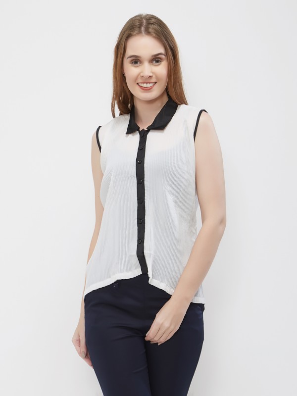 White Convertib Collar Short Sleeveless Shirt