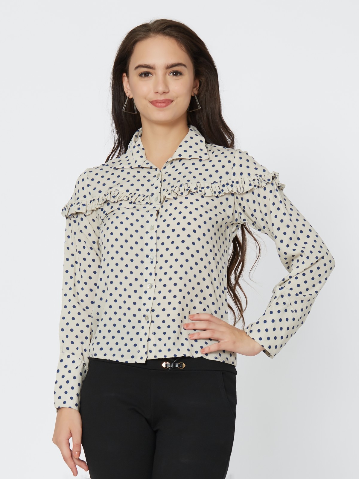 Polka Dots Print Regular Sleeve Long Shirt