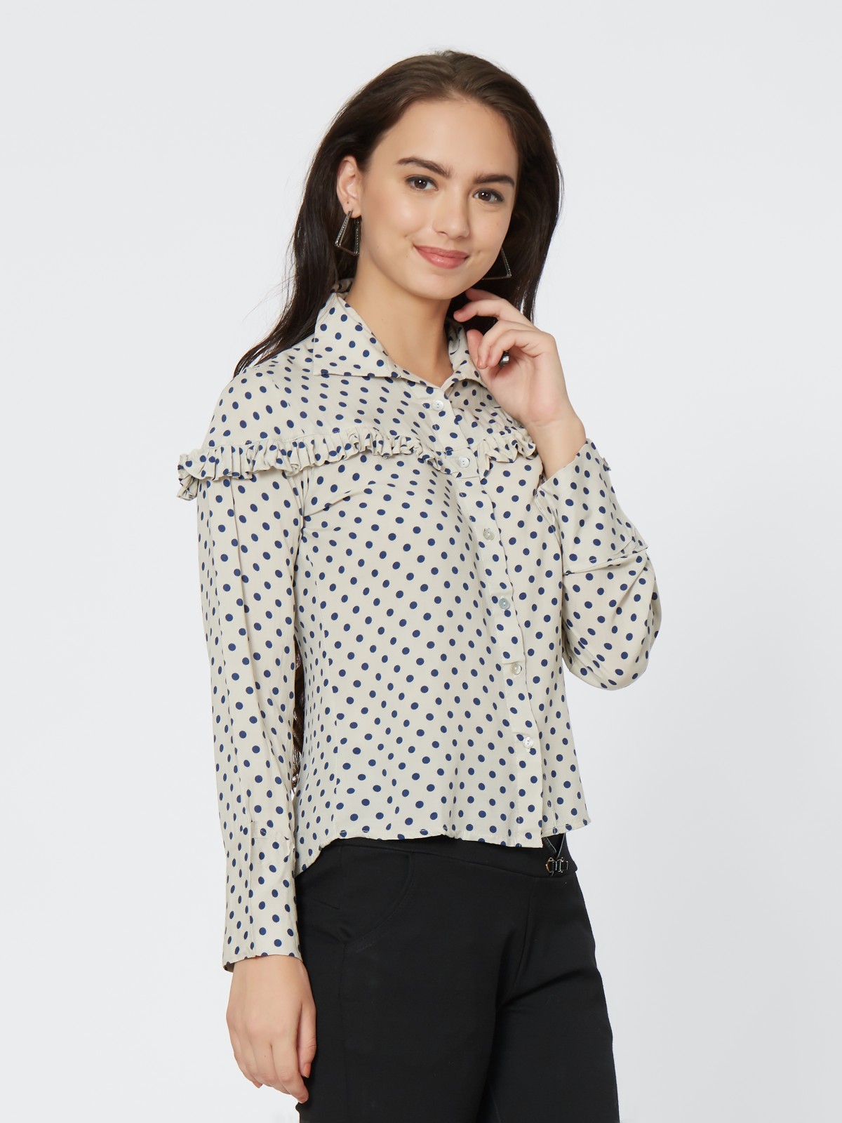 Polka Dots Print Regular Sleeve Long Shirt