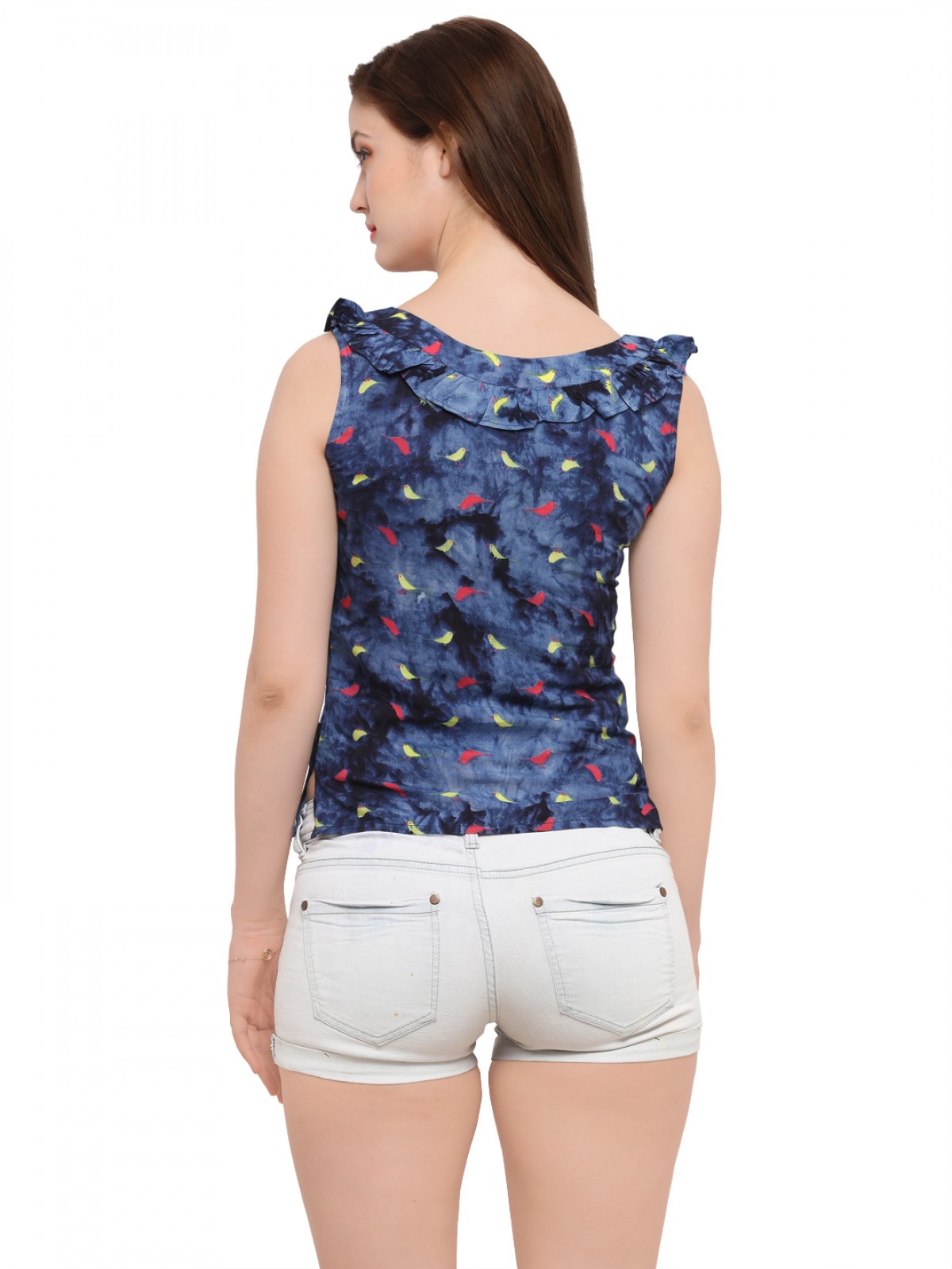 Blue Bird Print  Boat Neck Frilled Sleeveless Top