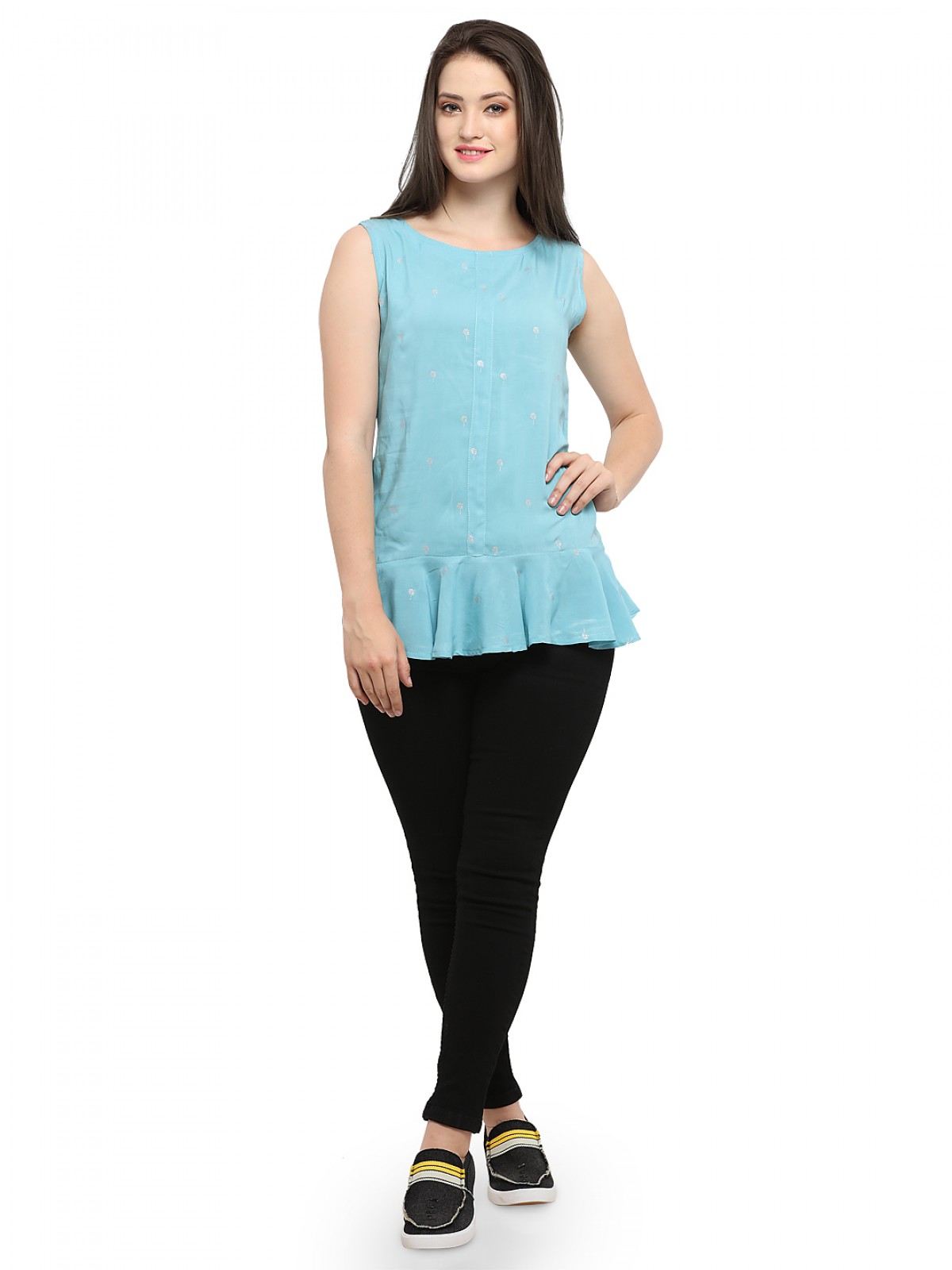 Sky Blue Foil Print Sleeveless Peplum Top