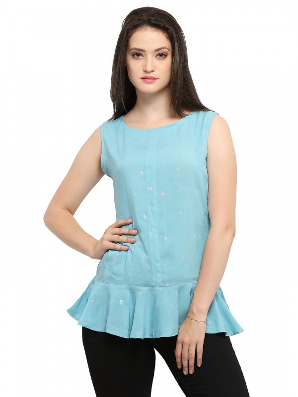 Sky Blue Foil Print Sleeveless Peplum Top