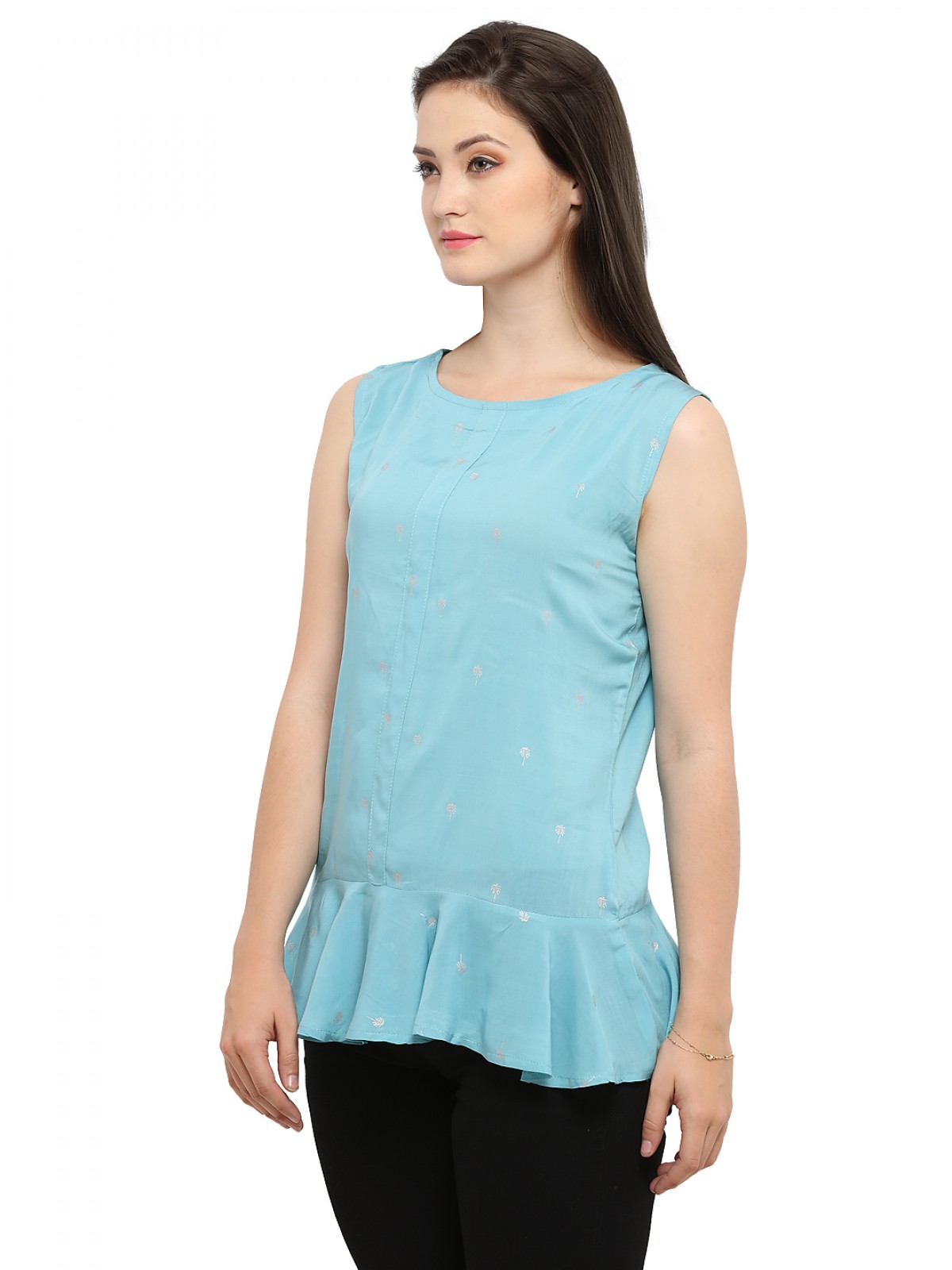 Sky Blue Foil Print Sleeveless Peplum Top