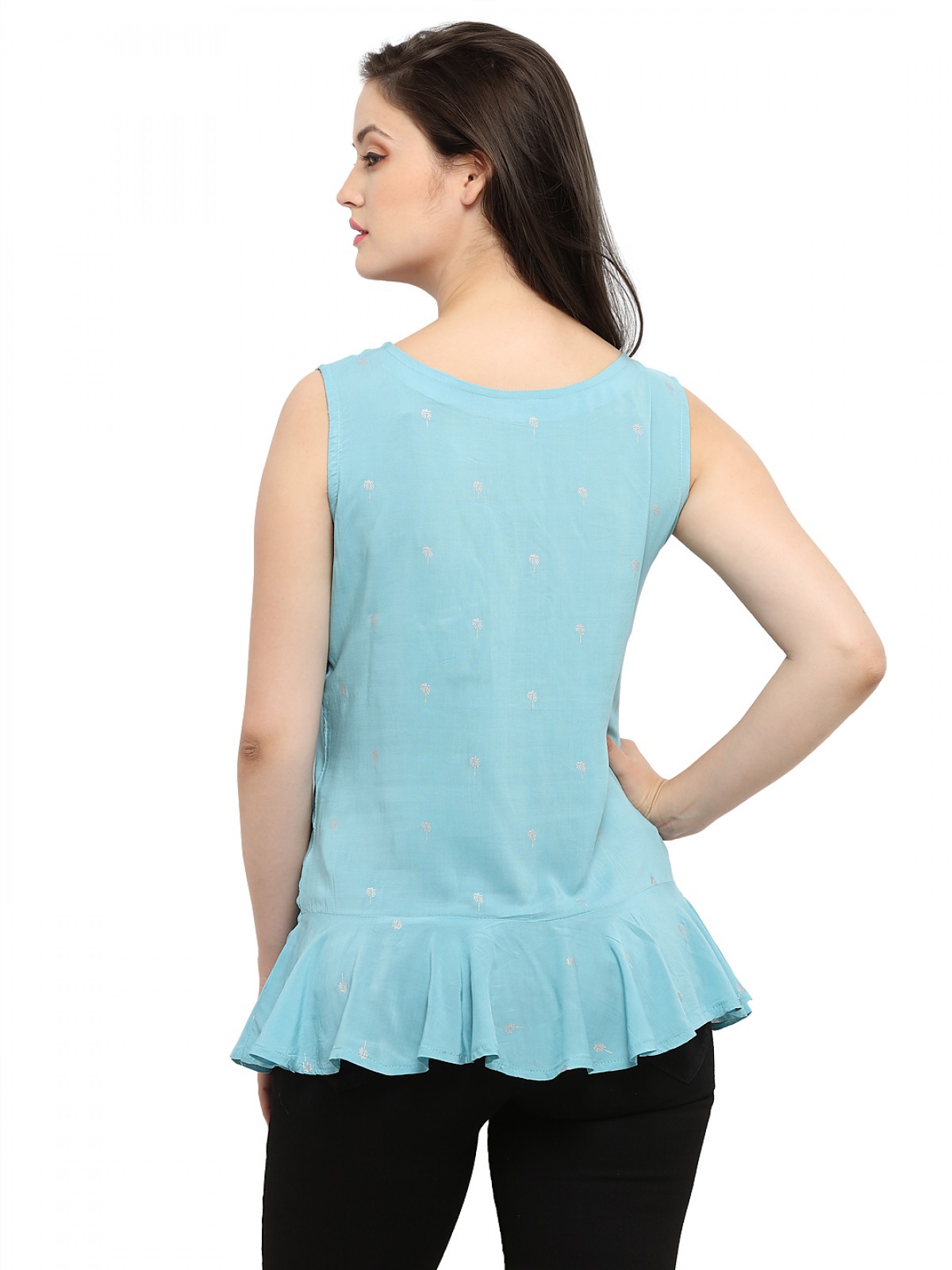 Sky Blue Foil Print Sleeveless Peplum Top