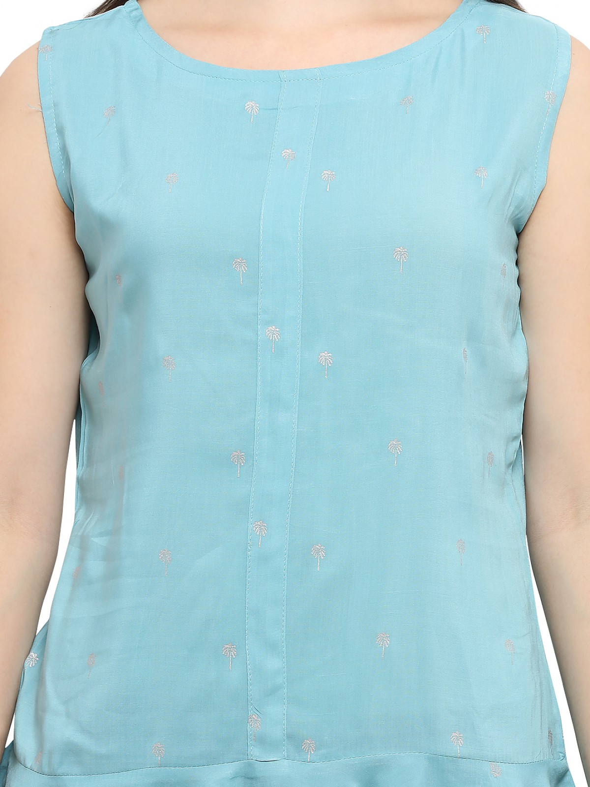 Sky Blue Foil Print Sleeveless Peplum Top