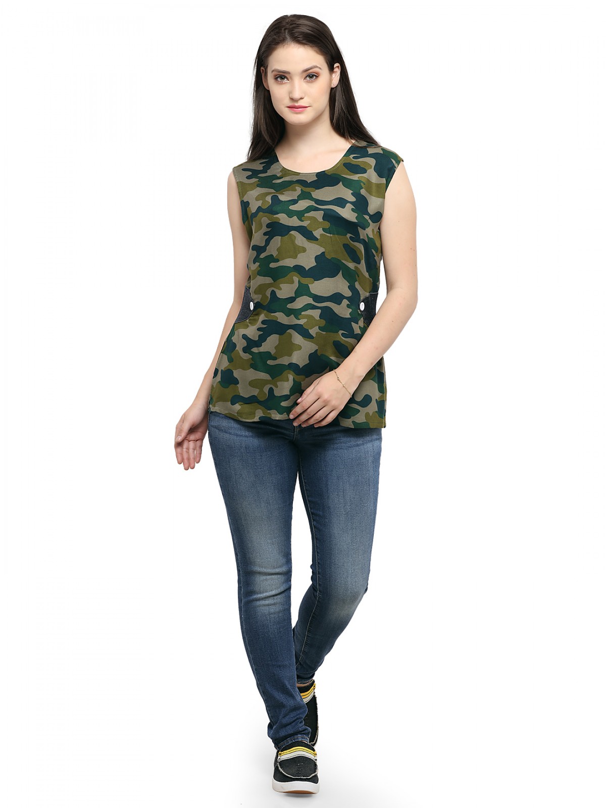 Camouflage Sleeveless Military Printed Boat Neck Top