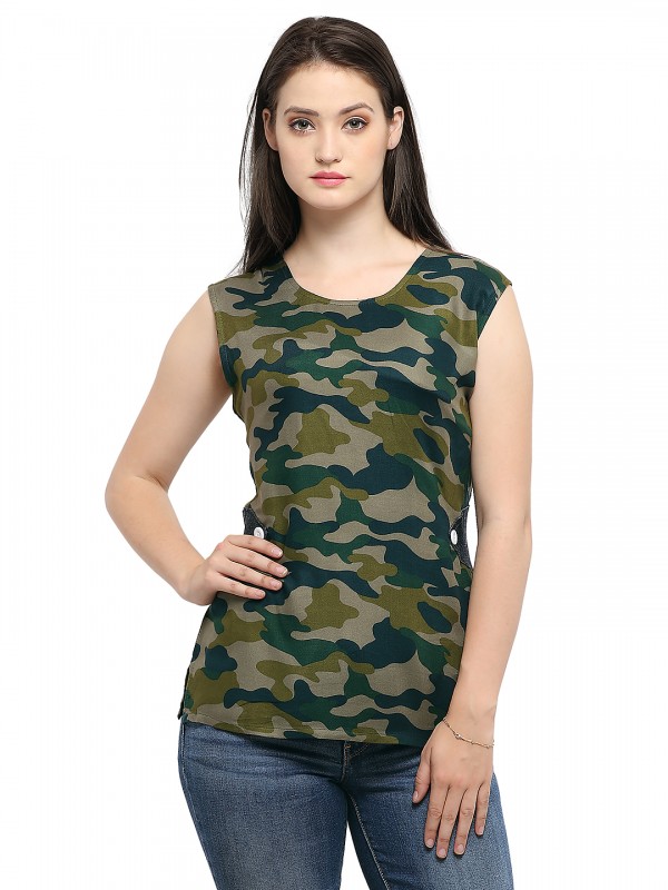 Camouflage Sleeveless Military Printed Boat Neck Top