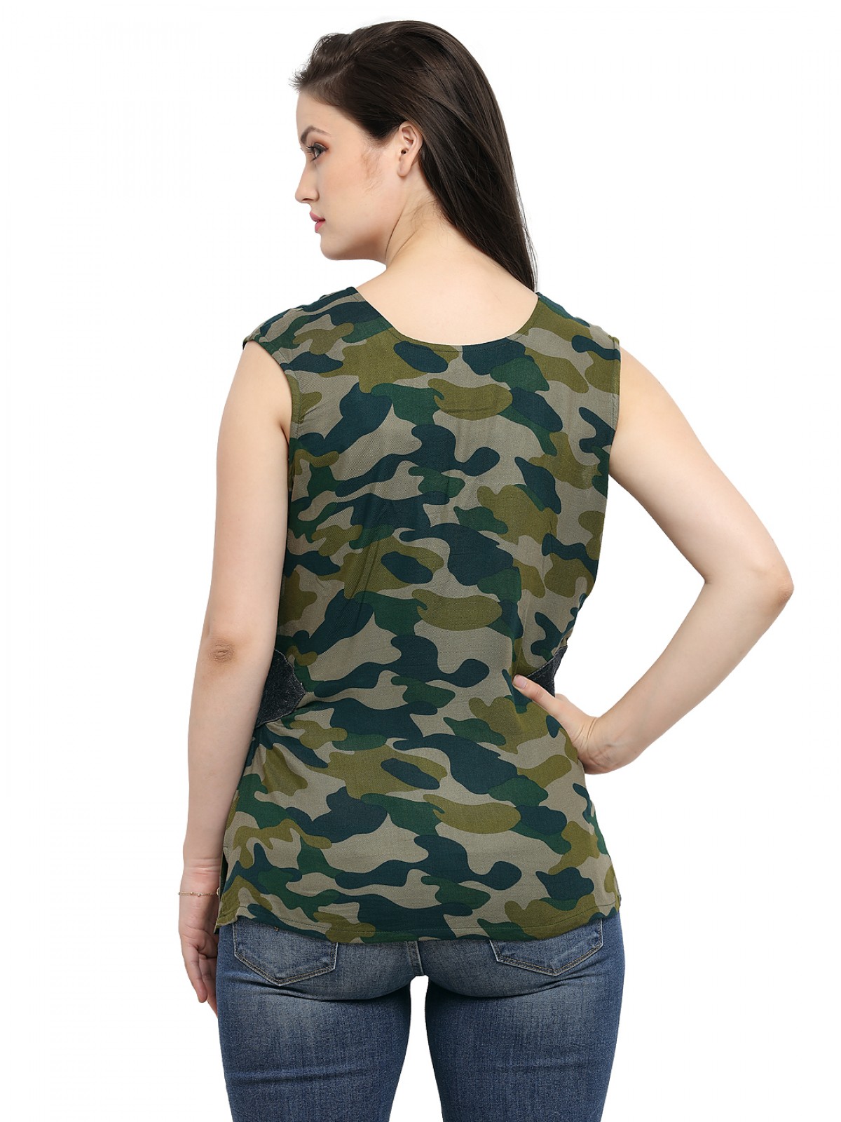 Camouflage Sleeveless Military Printed Boat Neck Top