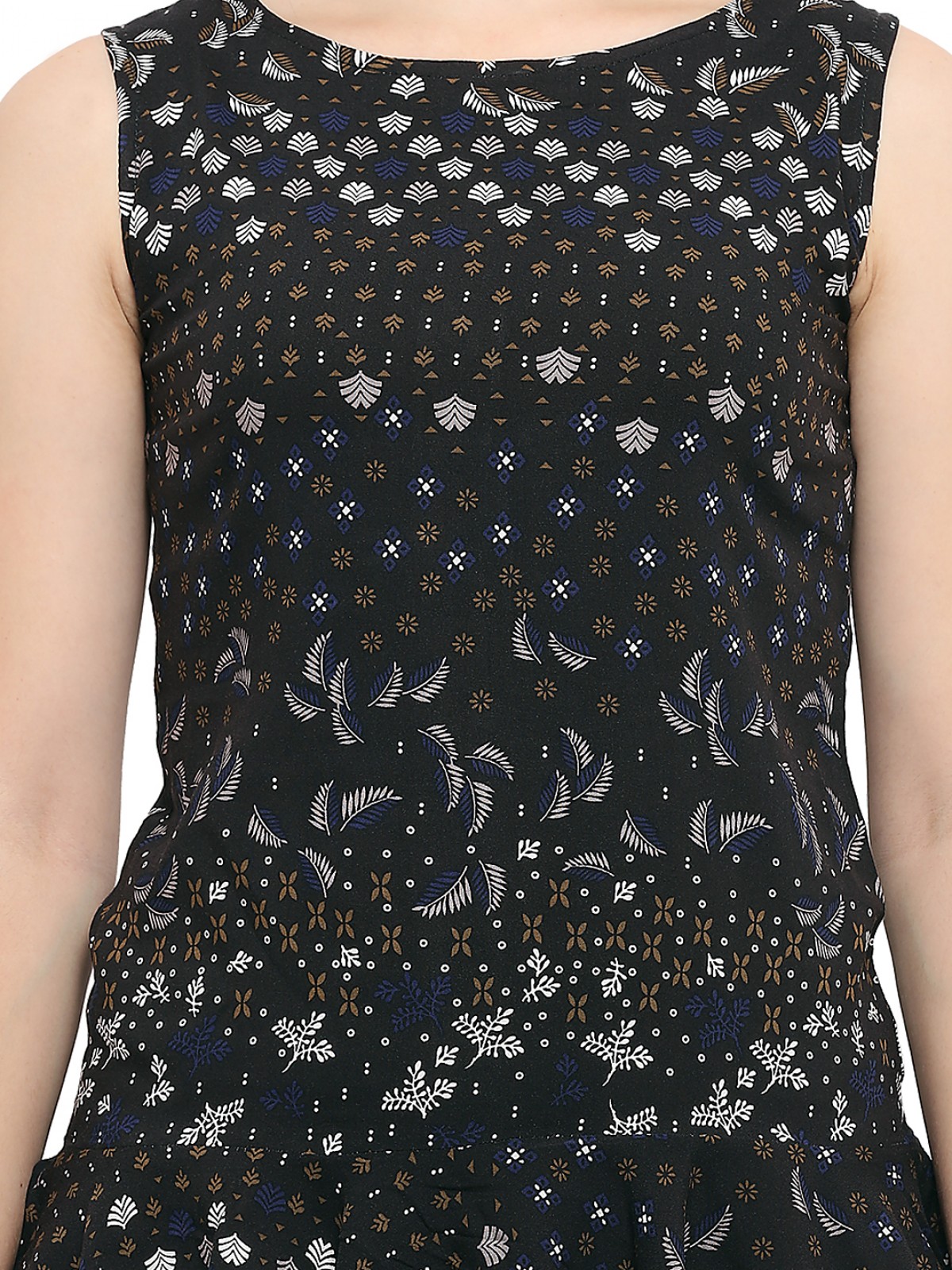 Black Sleeveless Floral Printed Boat Neck Peplum Top