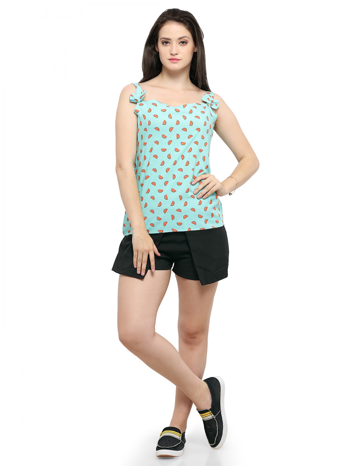 Cyan Melon Print Strappy Bow Casual Top